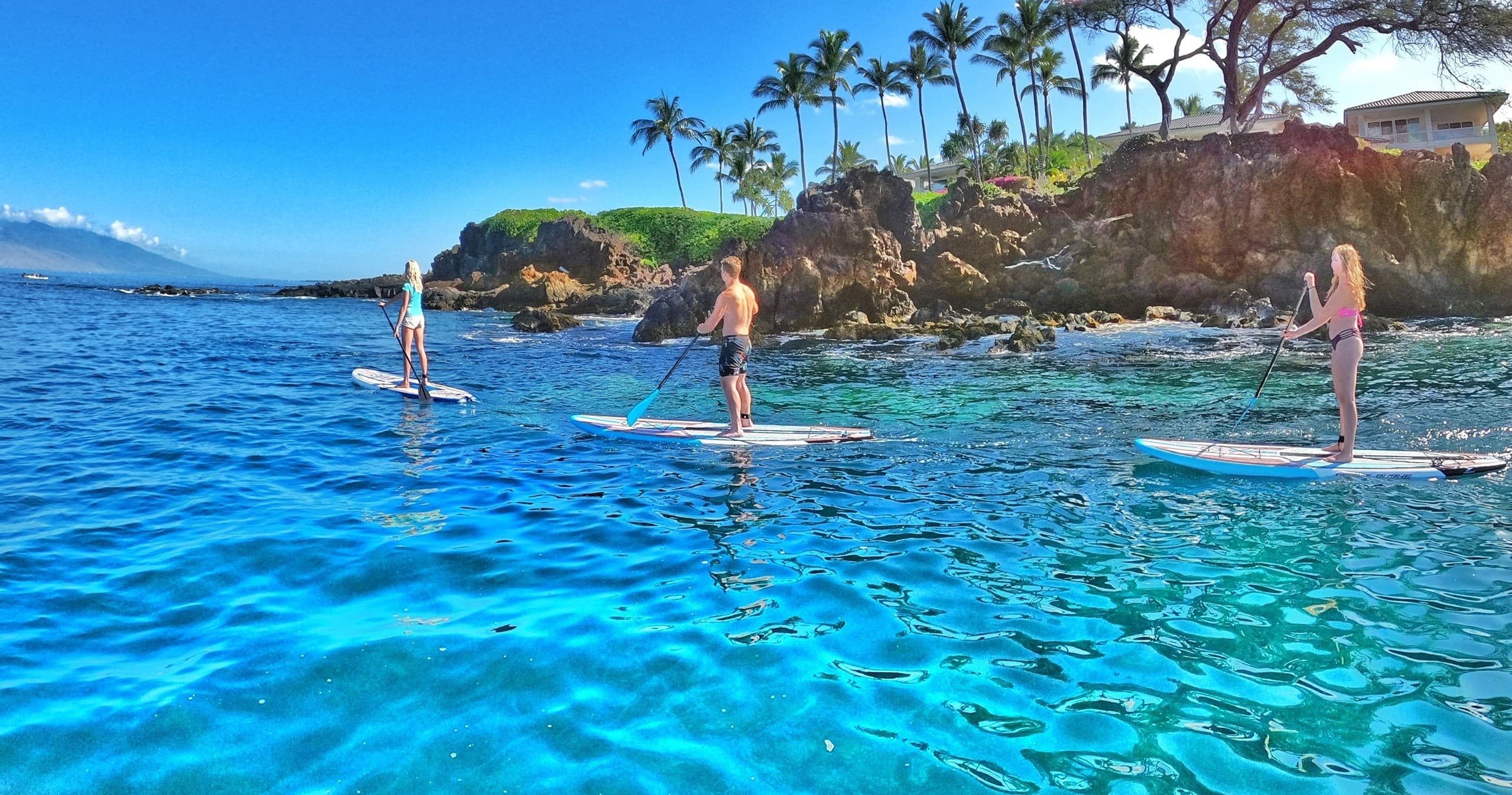 Stand-up paddleboarders near tropical Maui coastline, ocean view
