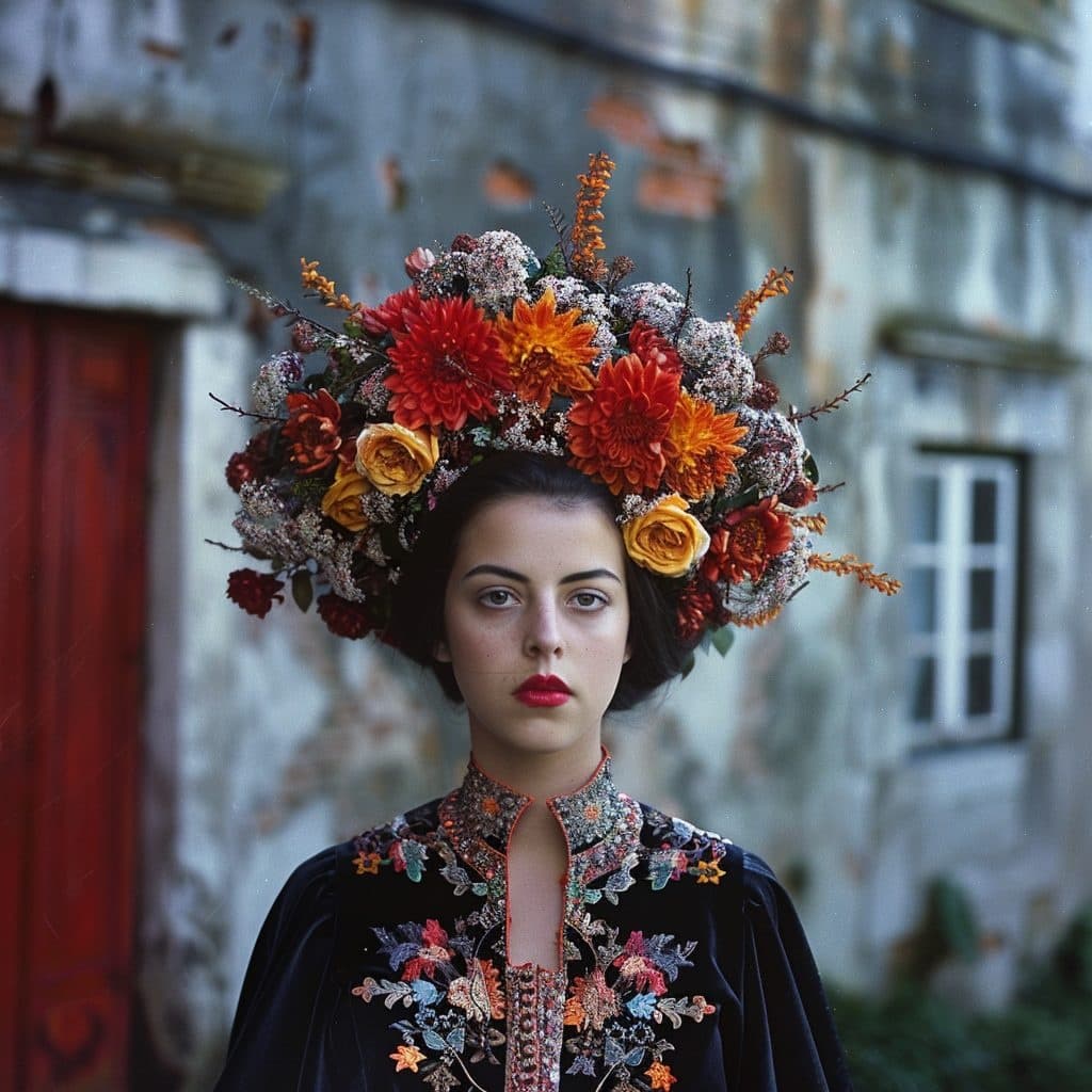 Woman wearing large floral headdress outdoors by rustic wall, posed portrait