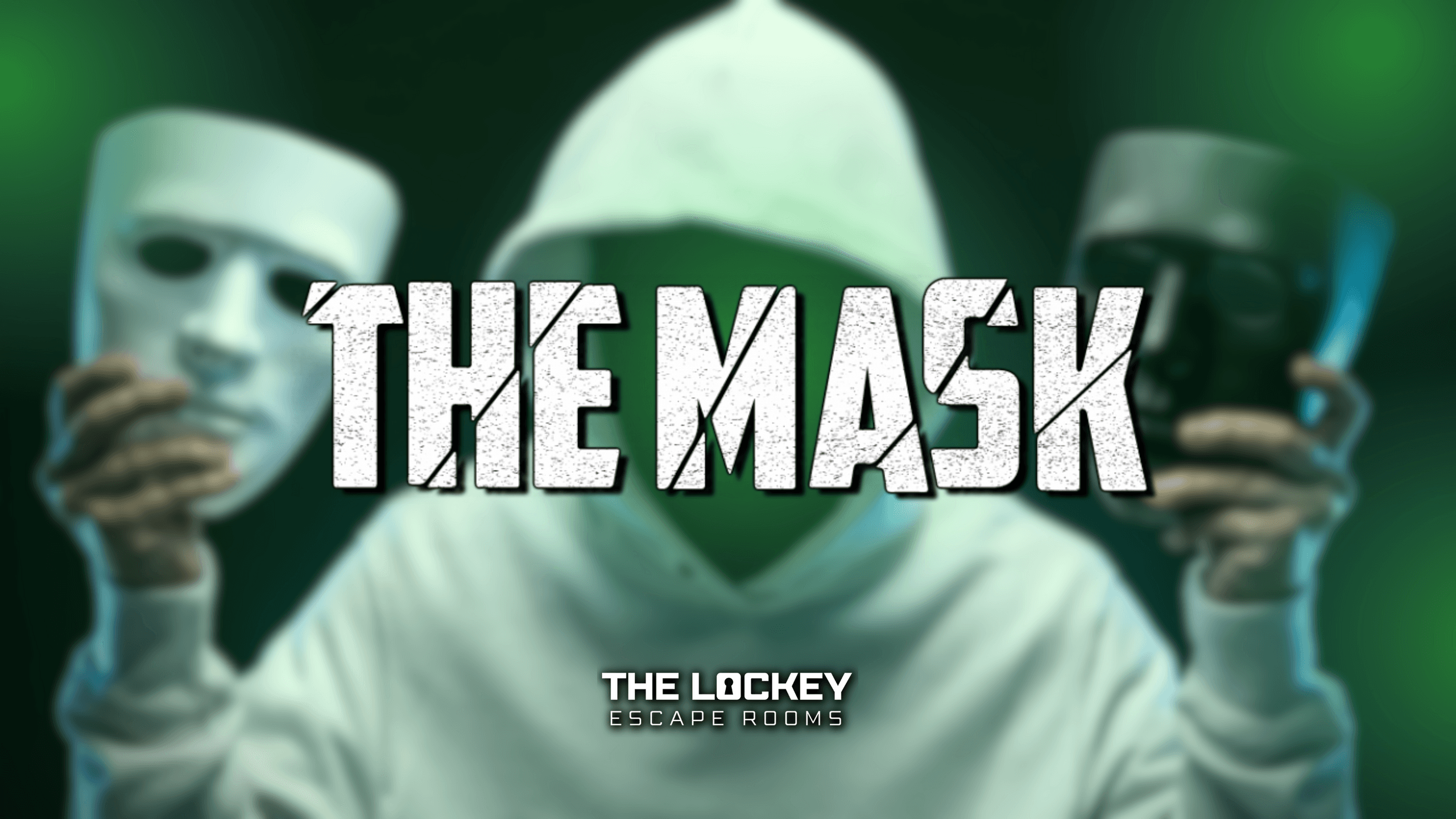 Masked figure holding theatrical masks in moody green promo poster