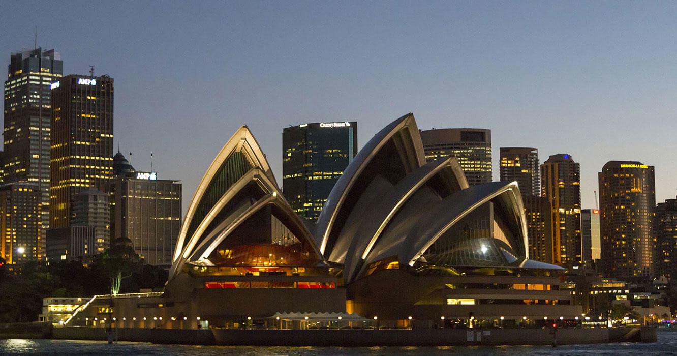 Sydney Opera House waterfront view at twilight with city skyline