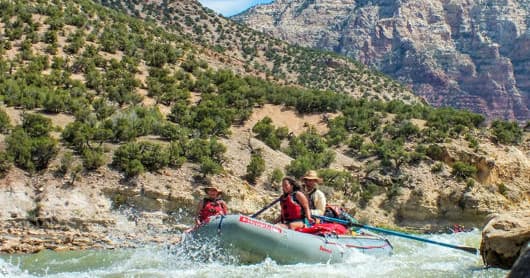 Rafting through scenic canyon river with guides and paddles