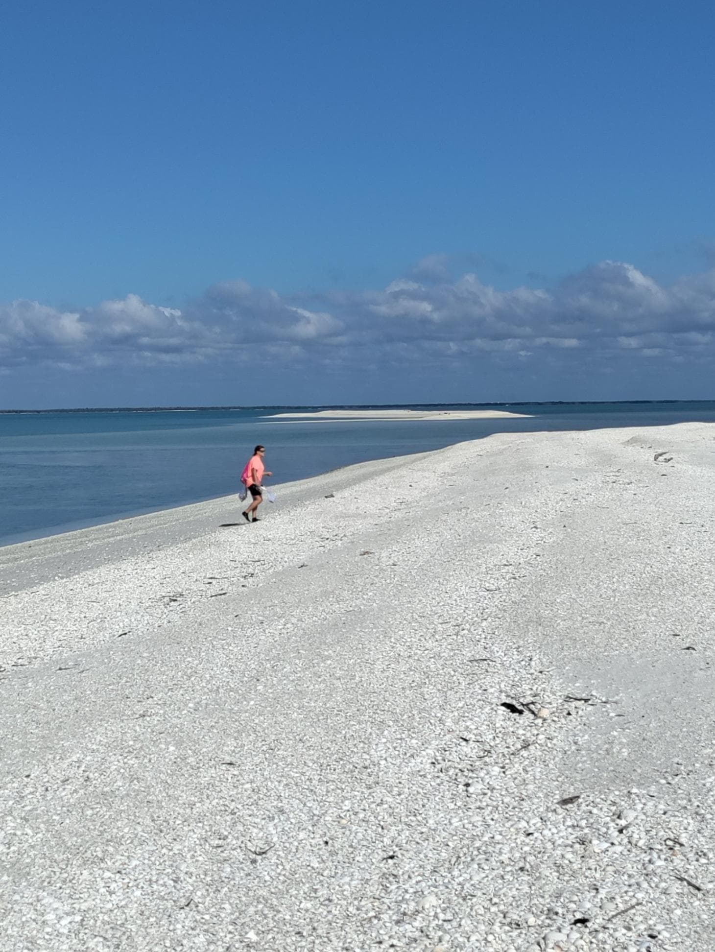 Person walking along white shell spit and shallow Gulf waters, beach
