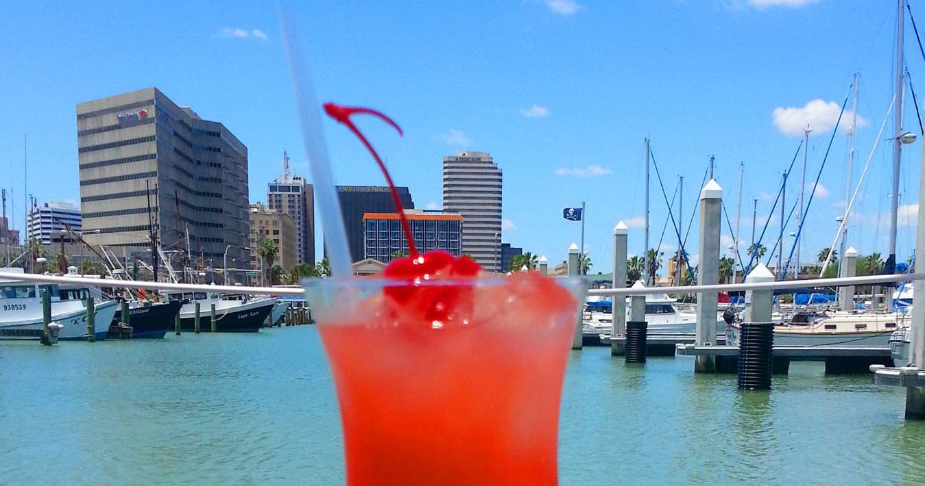 Seaside cocktail at marina with city skyline and dock views