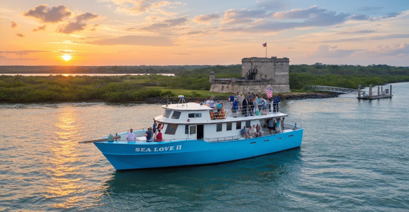 Sunset River Cruise to Fort Matanzas: Dolphins, History & Drinks in St. Augustine