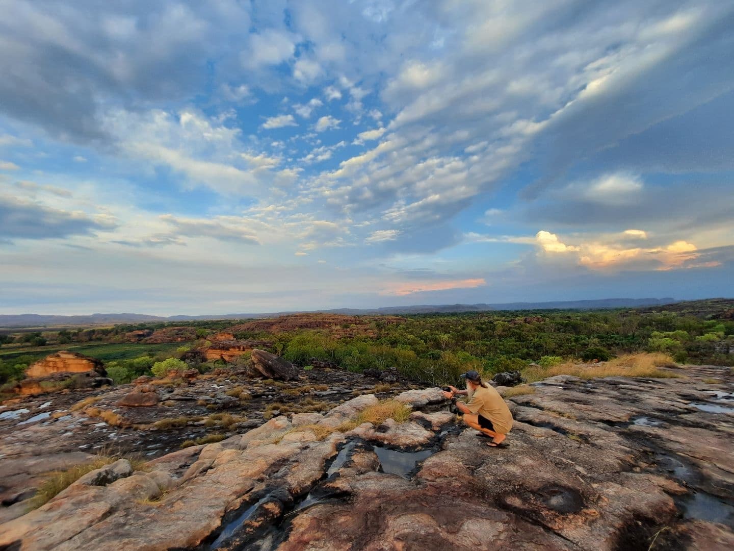 Expansive rocky outback vista at sunset, scenic lookout