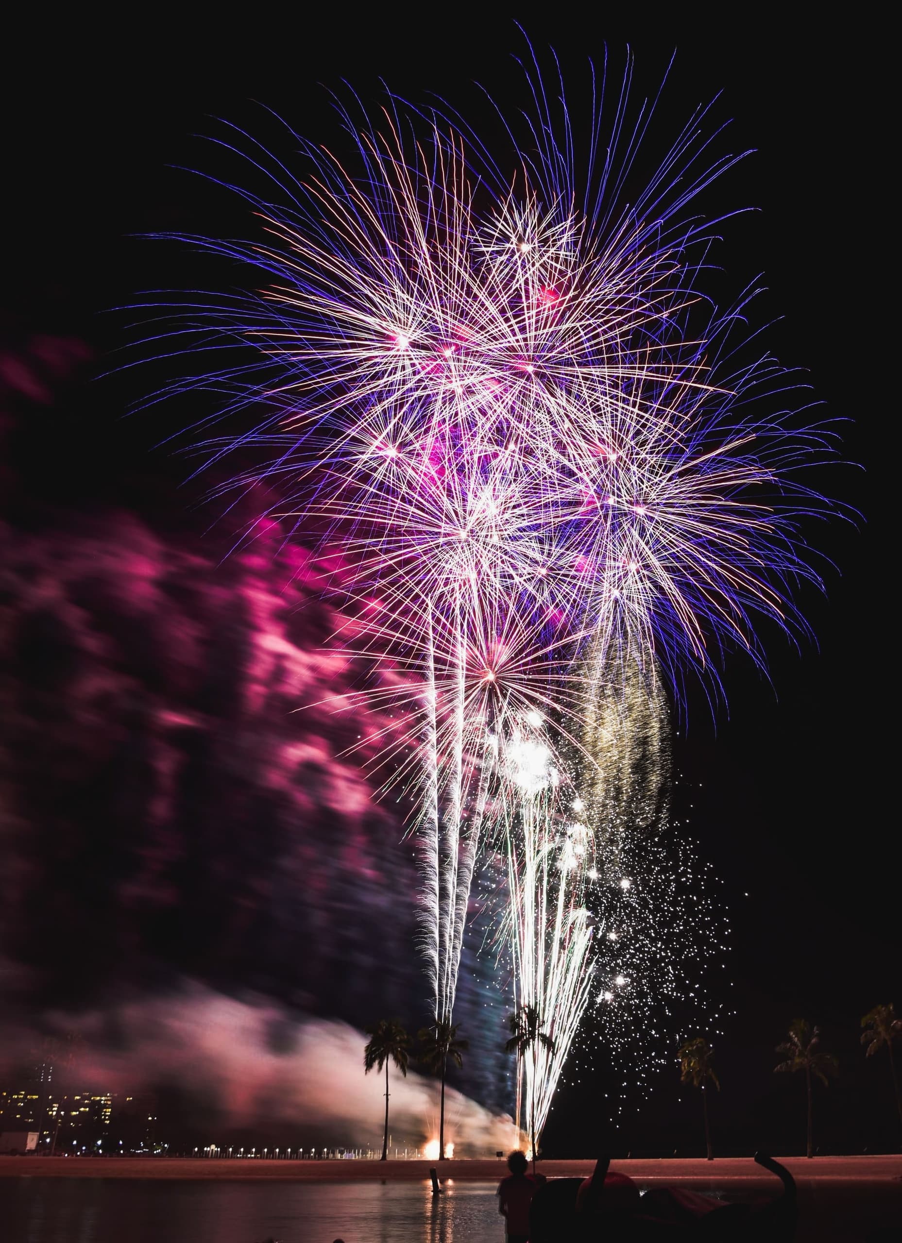 Fireworks display over coastal skyline at night celebration