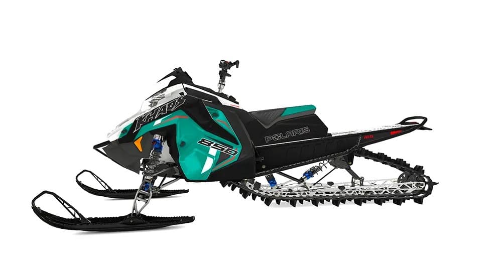 Teal snowmobile rental product image, off-trail winter ride