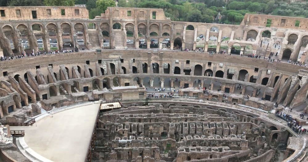 Panoramic Colosseum interior arena view, ancient Roman ruins
