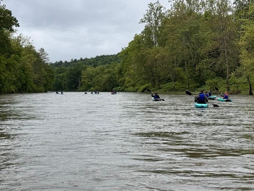 Group of kayakers navigating a wide slow-moving forested river