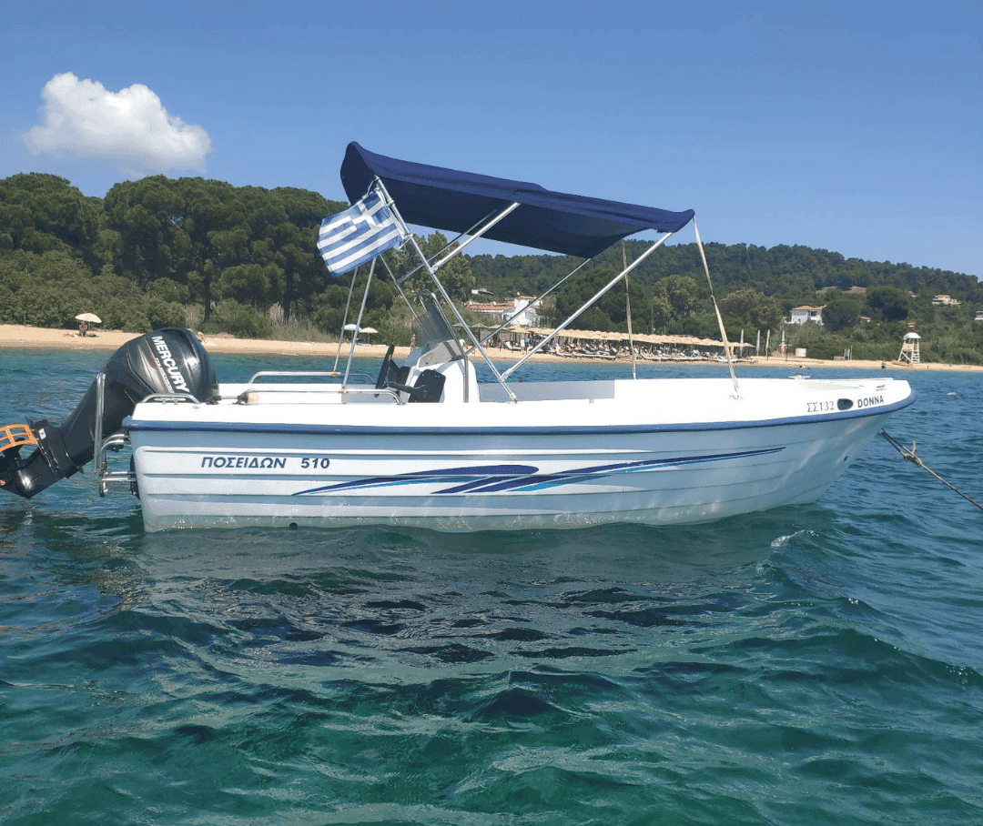 Rent the Poseidon 510 in Platanias — License-Free 30HP Boat for Coastal Cruising