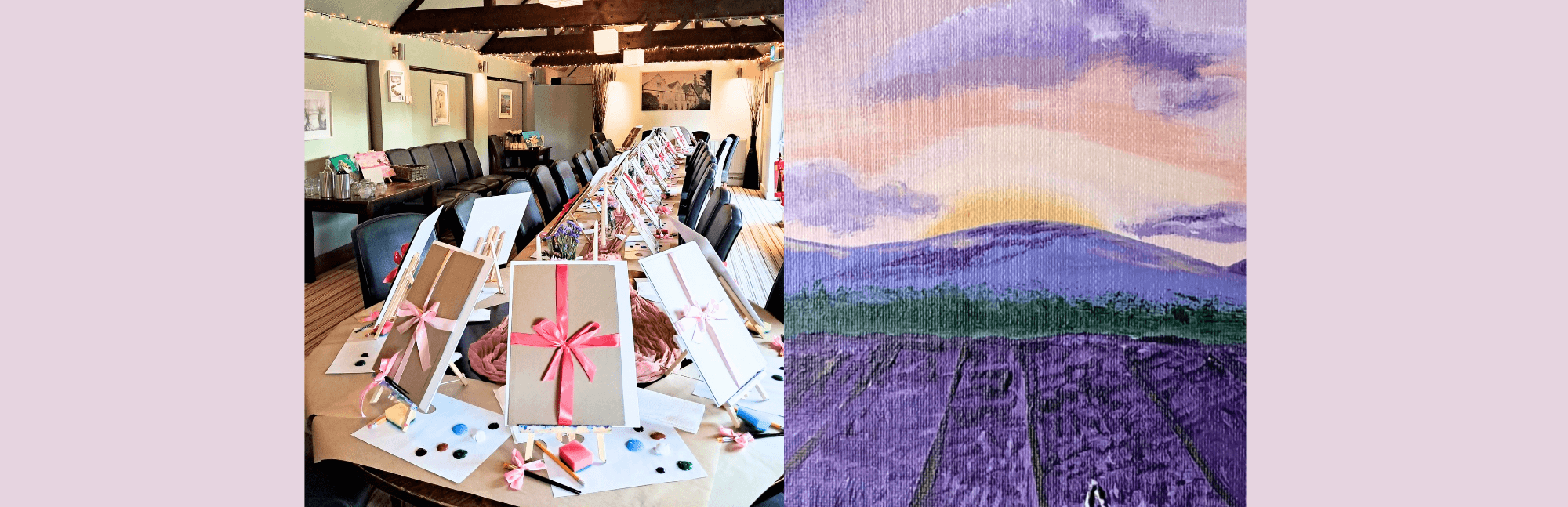 Lavender field painting event with easels and scenic view