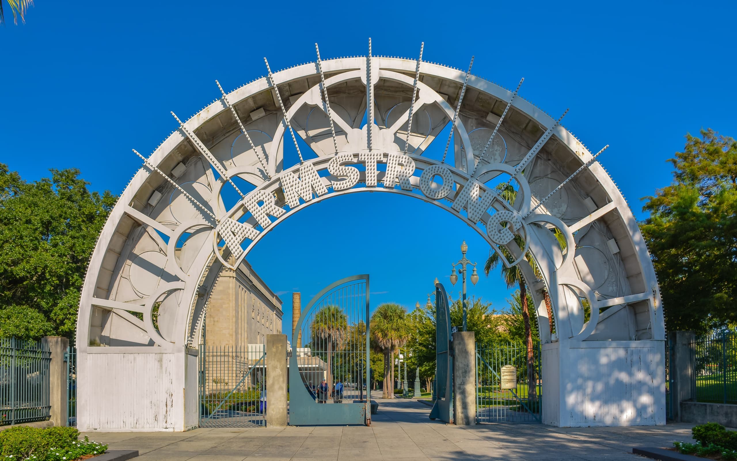 New Orleans City Park entrance archway, sunny outdoor gateway