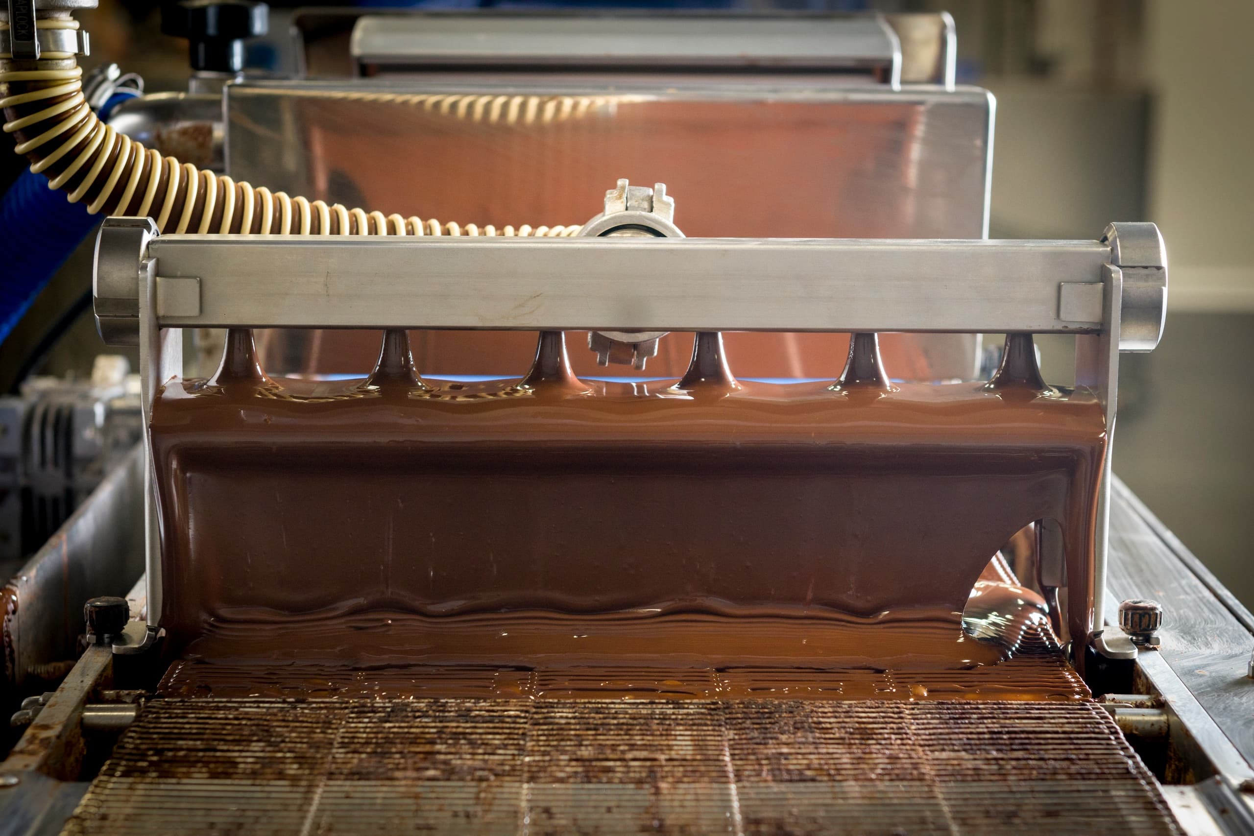 Chocolate tempering machine pouring chocolate in Turin factory