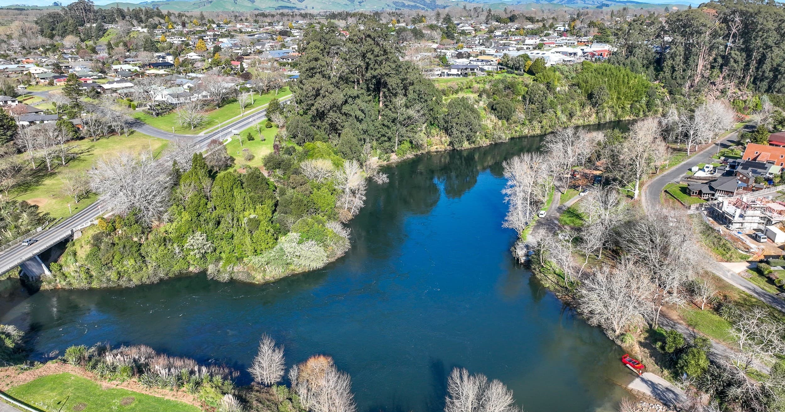 Aerial lake and river valley view, scenic outdoor river landscape