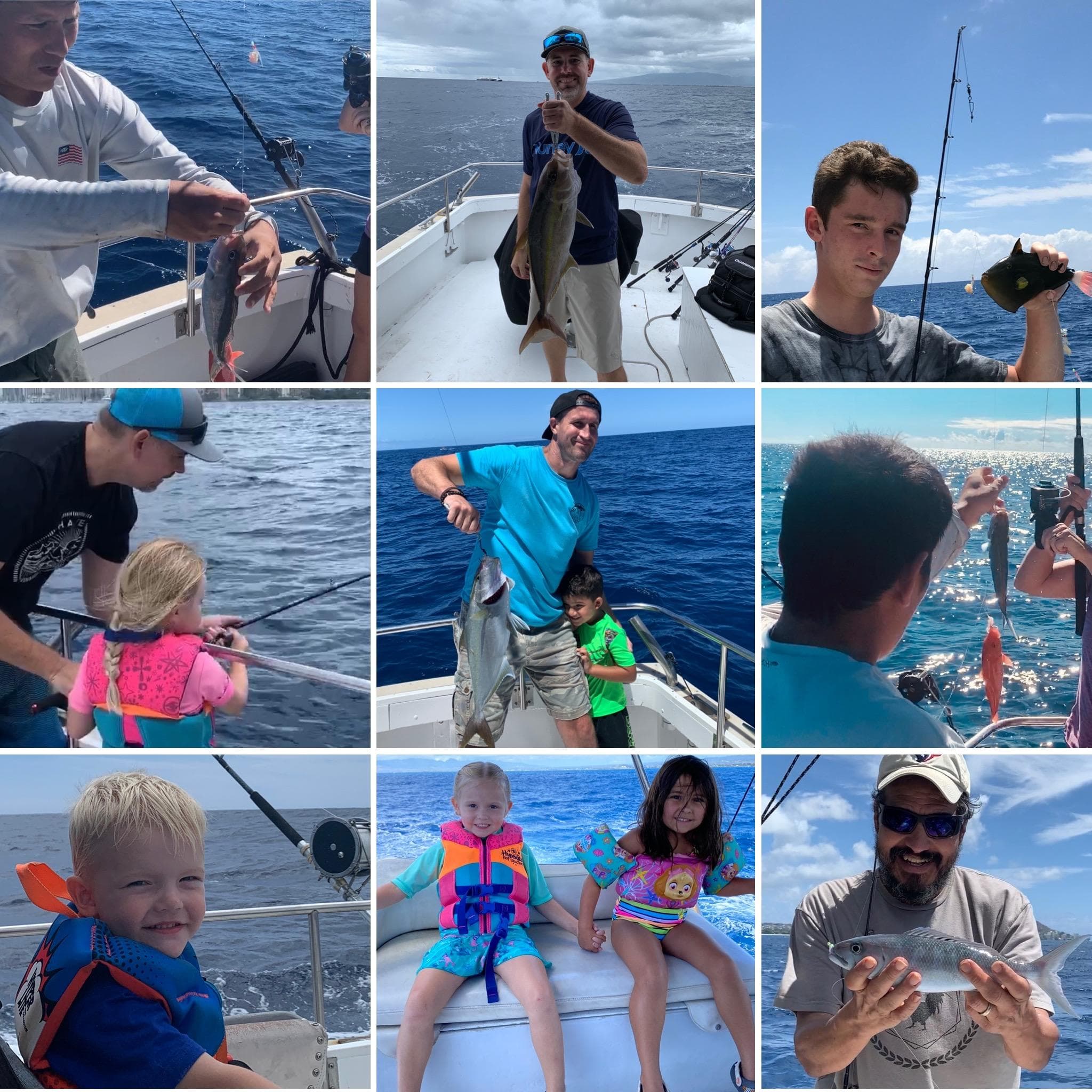 Family fishing collage showing kids and anglers aboard an Oahu boat