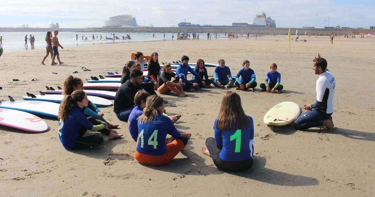 Surf lesson group seated on sandy beach listening to instructor