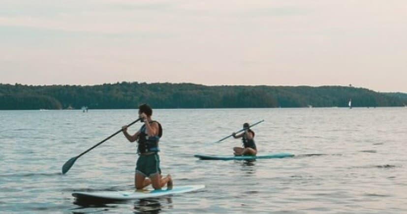 Stand-up paddleboarders paddling across calm coastal bay