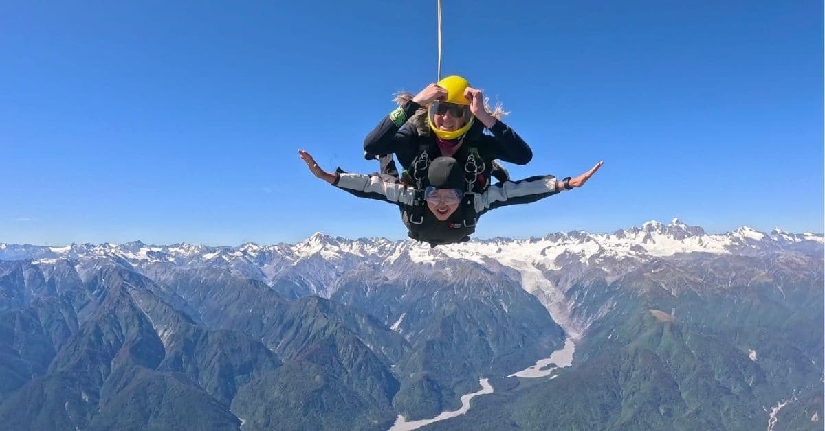 Tandem skydive over glacial valleys of Franz Josef region