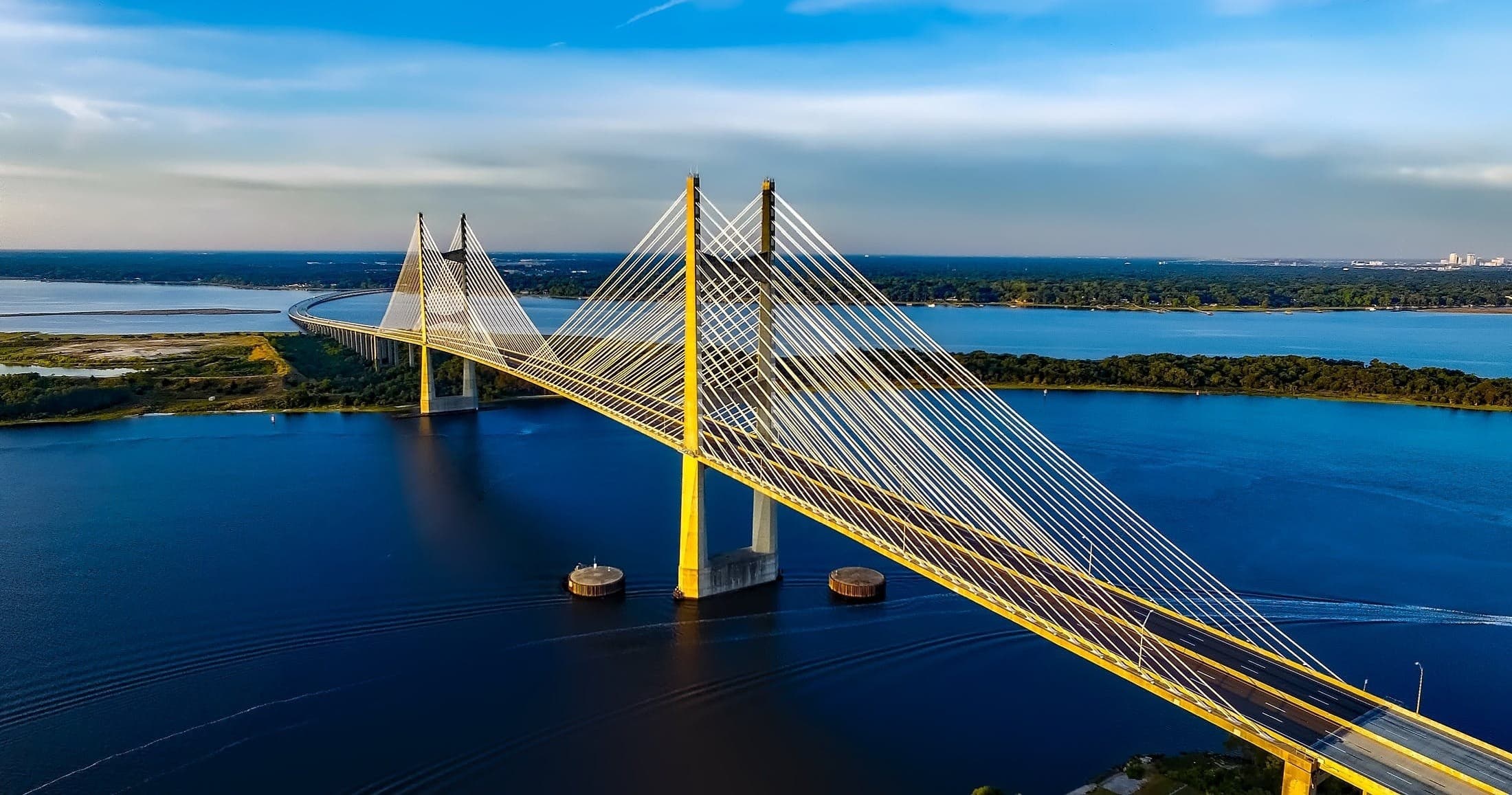 Aerial view of cable-stayed bridge over bay, scenic coastal crossing