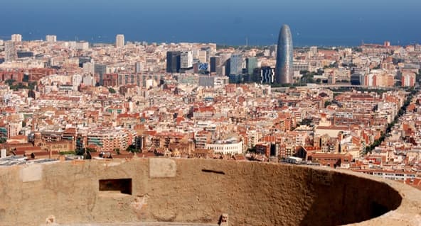Panoramic Barcelona coastline and city skyline from hilltop viewpoint