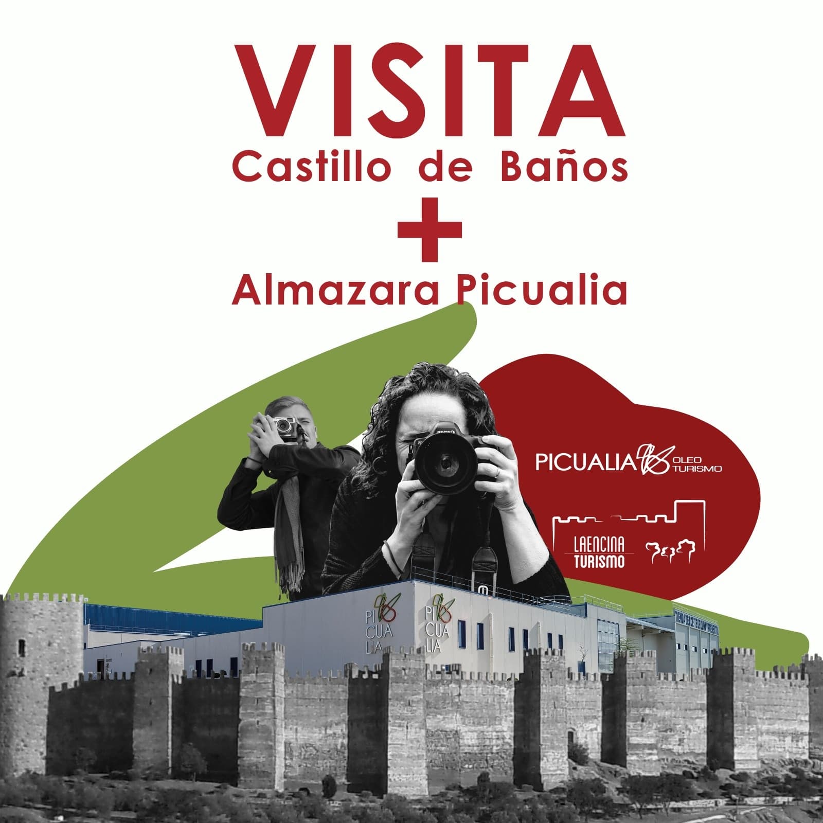 Visitors photographing Castillo de Baños and Picualia olive mill exterior