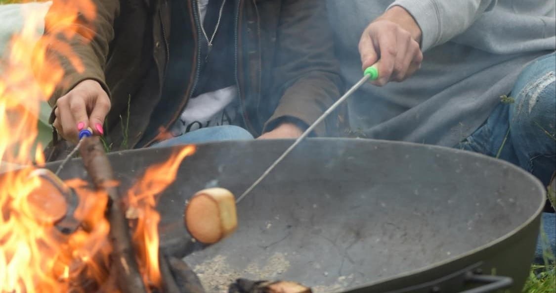Campfire roasting marshmallows over open flames during farm camp