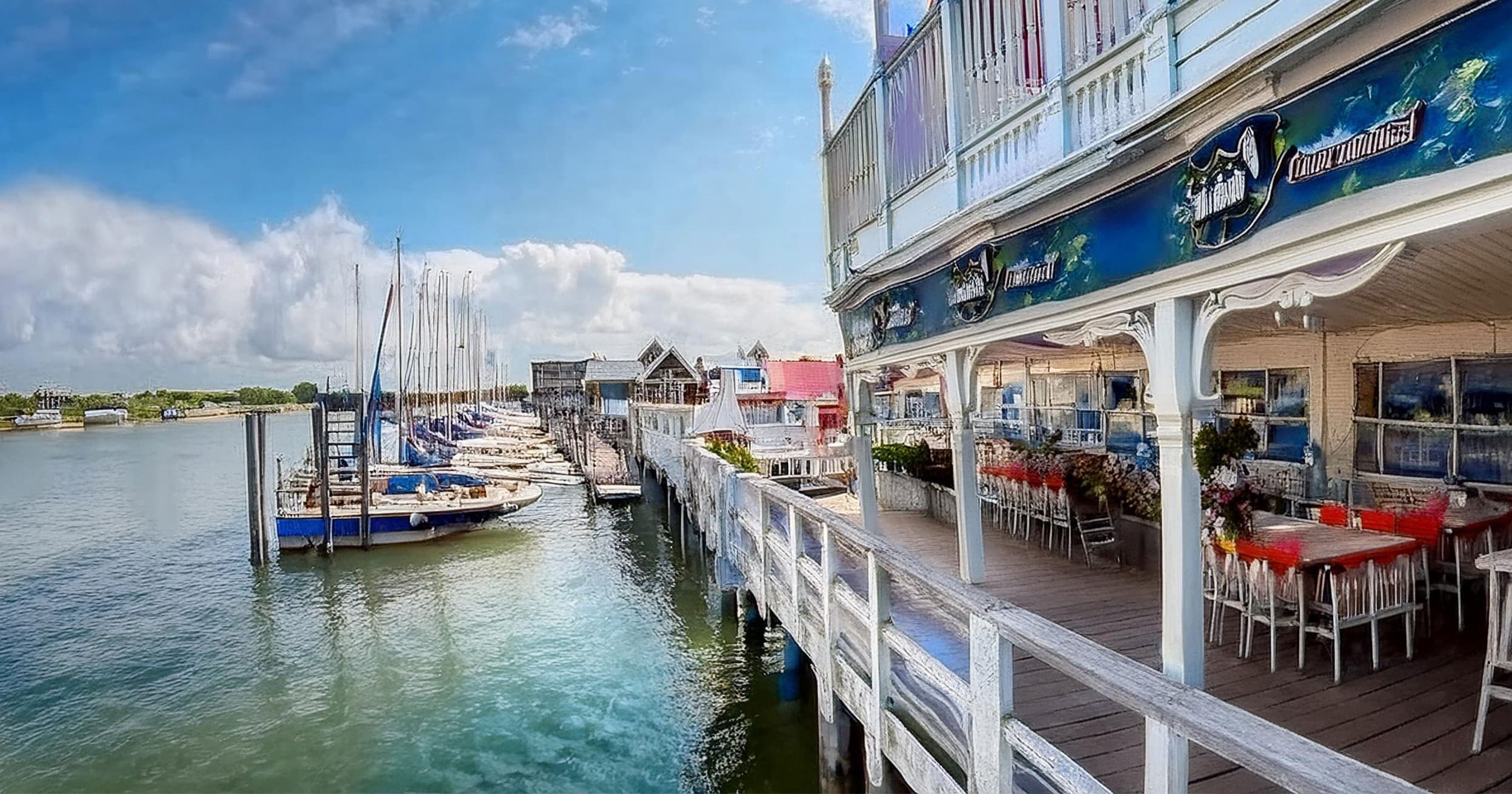 Marina boardwalk with docked sailboats and waterfront dining scene