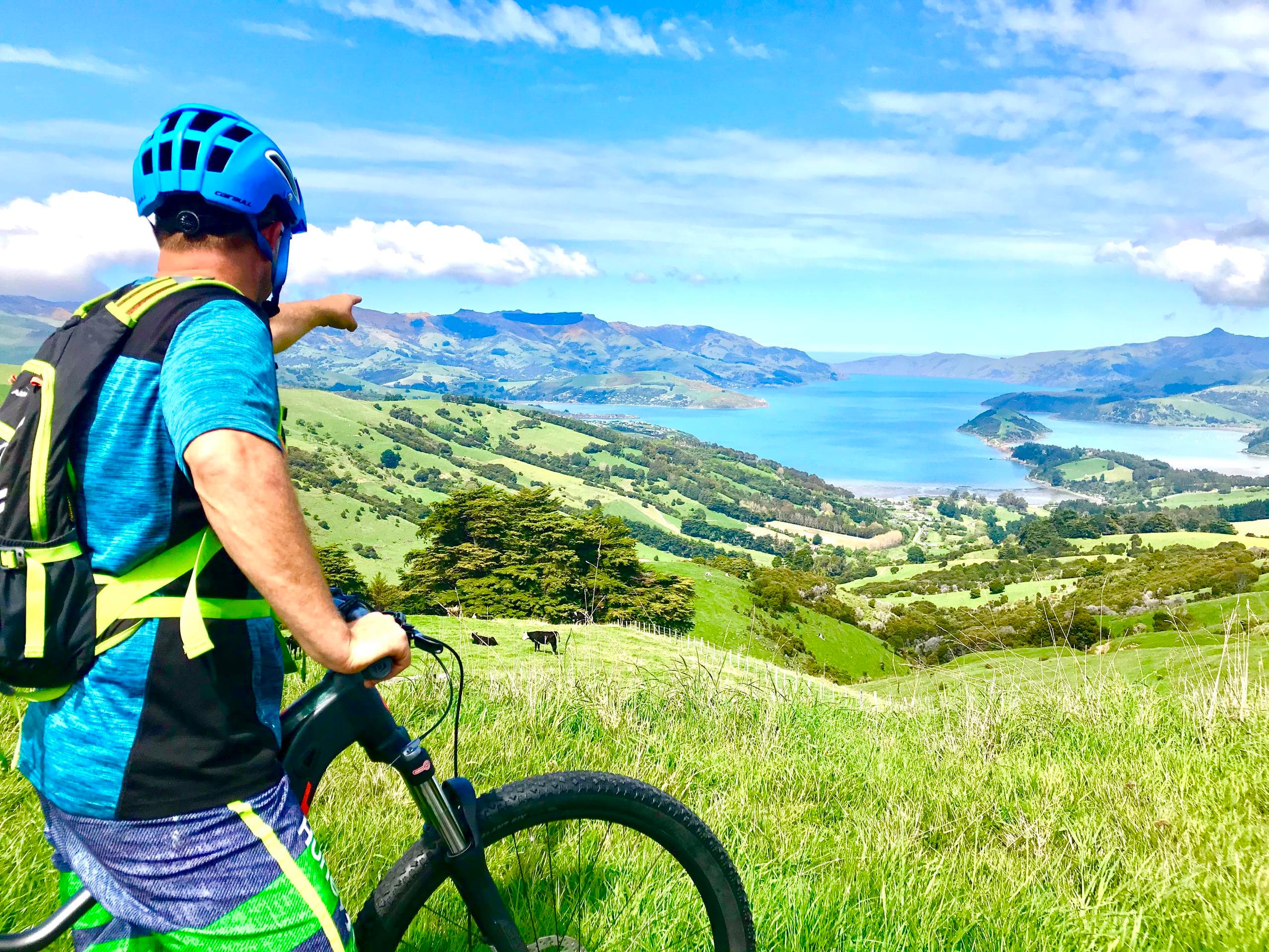 Cyclist overlooking Akaroa peninsula and turquoise harbour view