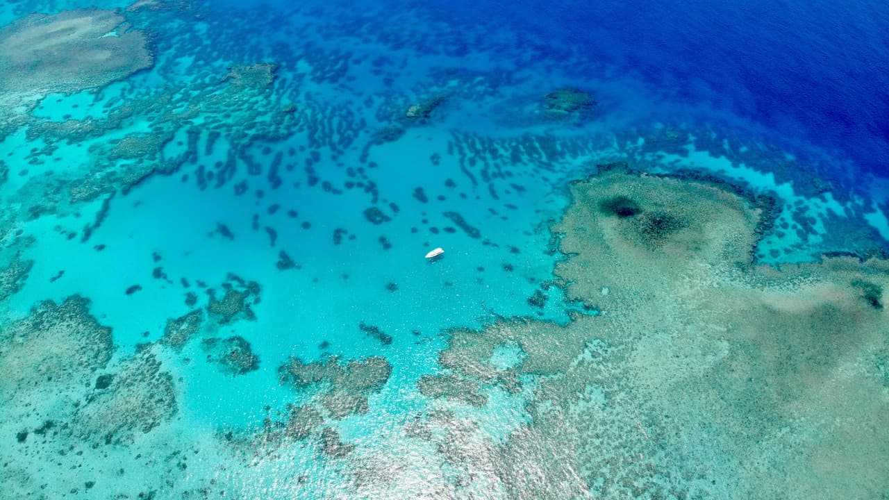 Aerial view of turquoise coral reef and lagoon, tropical ocean
