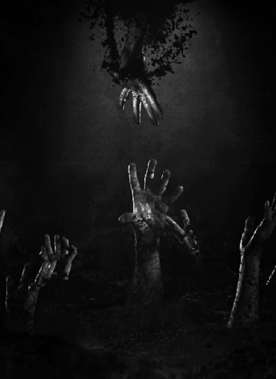 Dark hands reaching from soil, horror-themed night adventure scene