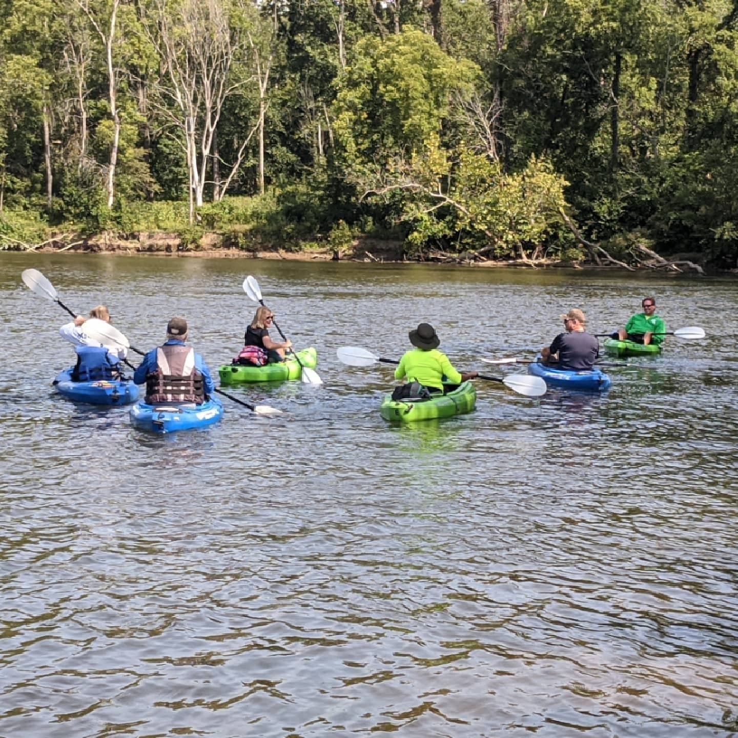Kayakers paddling on calm river surrounded by forested shoreline