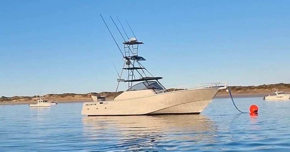 Charter sportfishing boat moored in calm coastal waters at sunrise