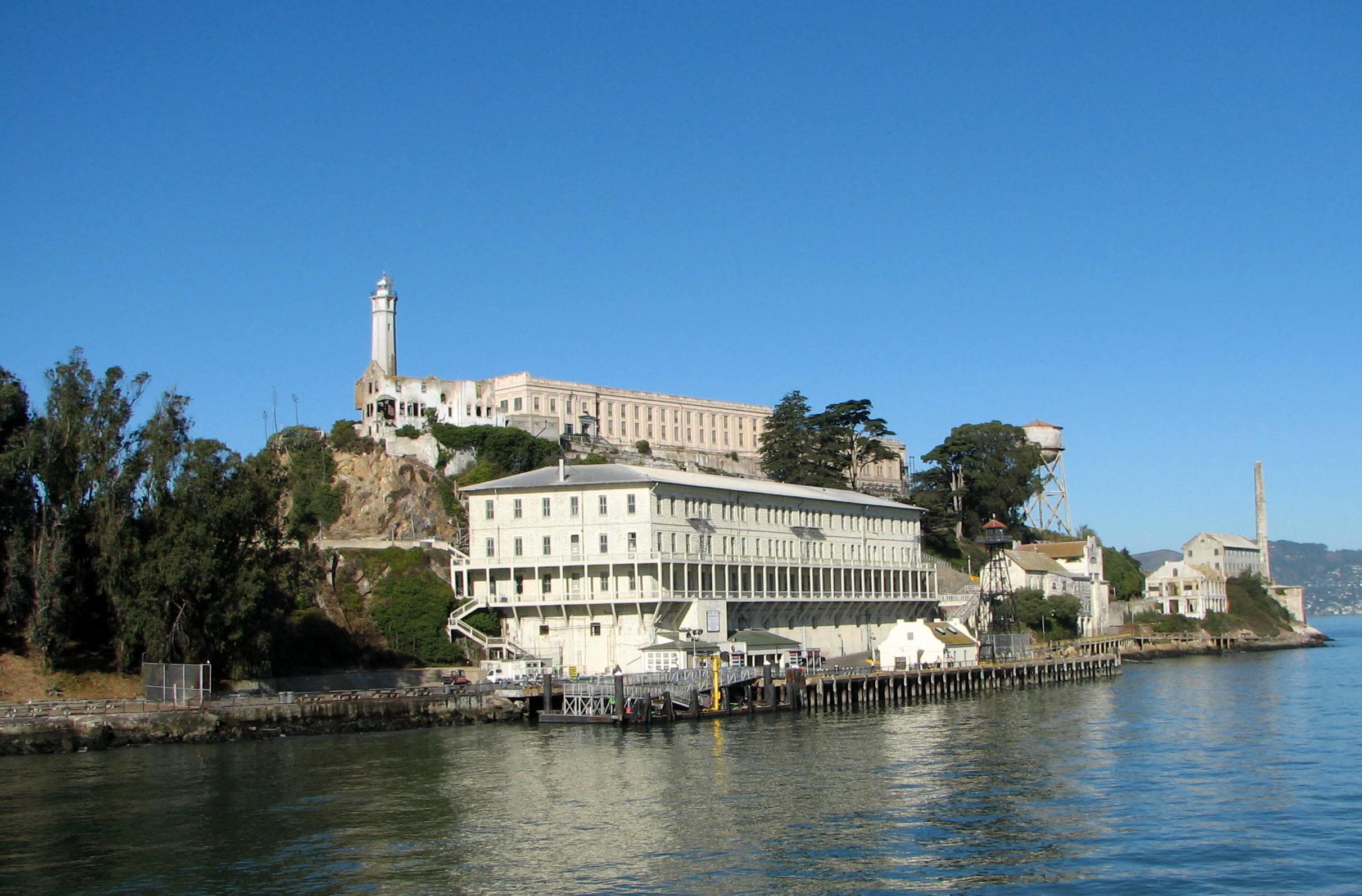 Alcatraz Island aerial view from San Francisco Bay, historic prison island