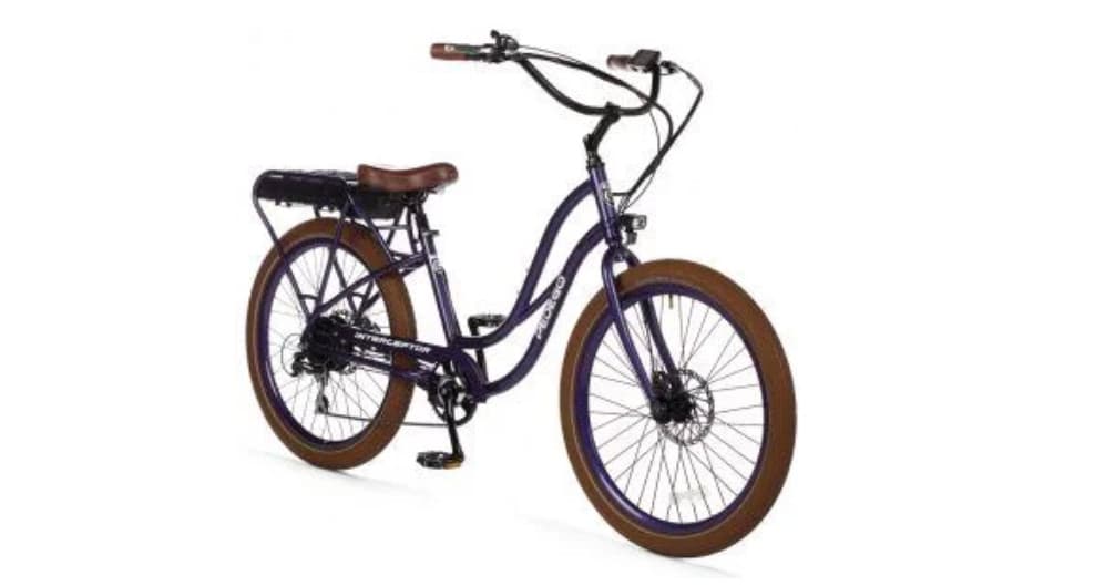 Classic electric cruiser bicycle studio shot brown tires on white