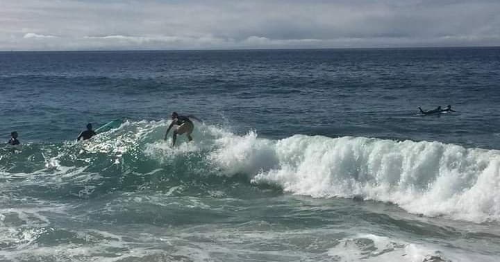 Surfers riding breaking ocean waves at a coastal surf spot