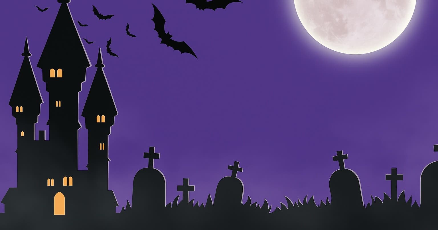 Halloween-themed coastal skyline illustration with moonlit graves