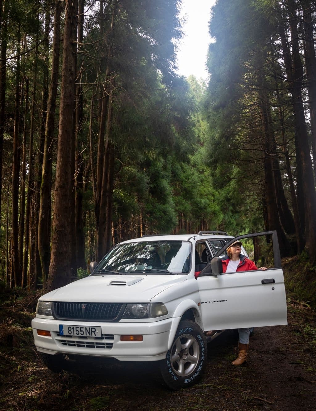 Off-road SUV parked in dense redwood forest expedition stop