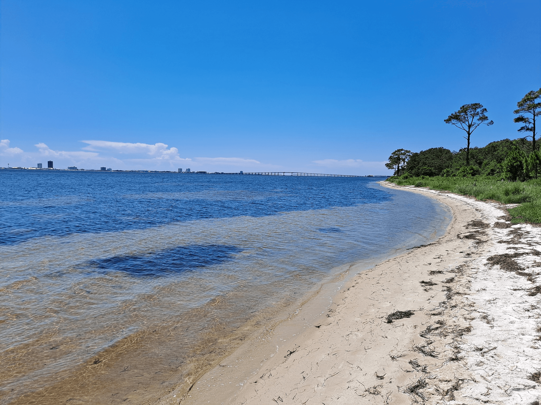 Sandy Gulf Coast beach shoreline with calm blue waters