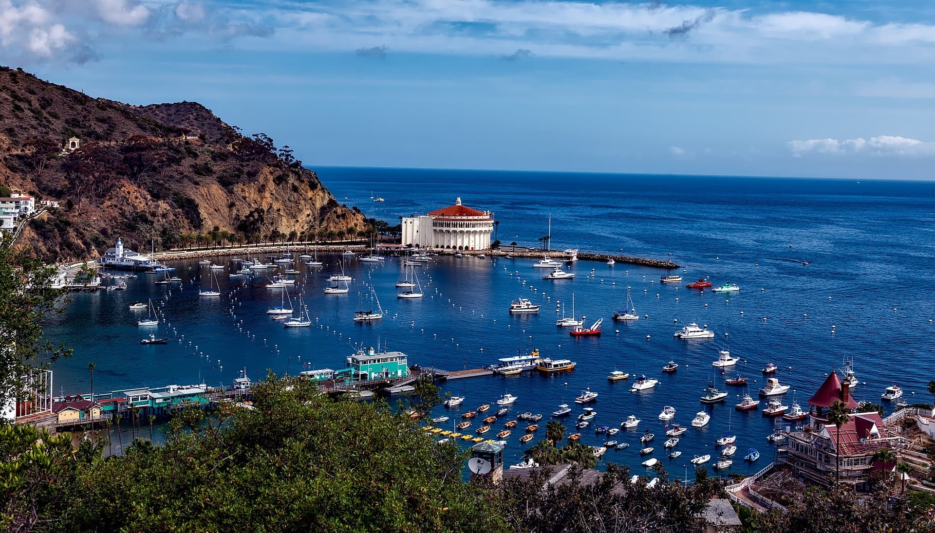Boats moored in Catalina Island harbor with coastal views