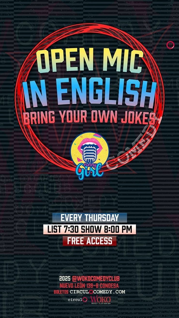 Open mic comedy poster advertising indoor English-language night