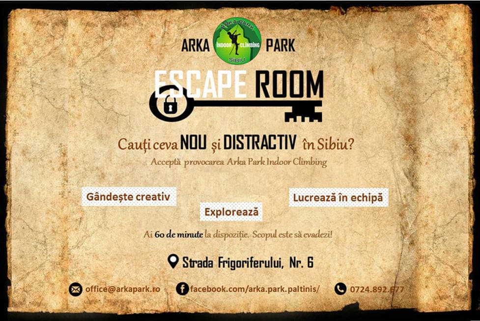 Escape room promotional poster for ArkaPark indoor puzzle experience in Sibiu