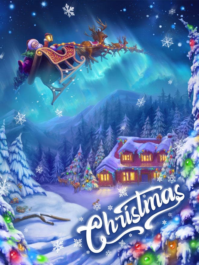 Snowy mountain village scene with sleigh and winter sky