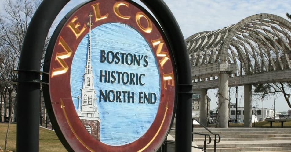 Welcome sign for Boston's Historic North End, waterfront park