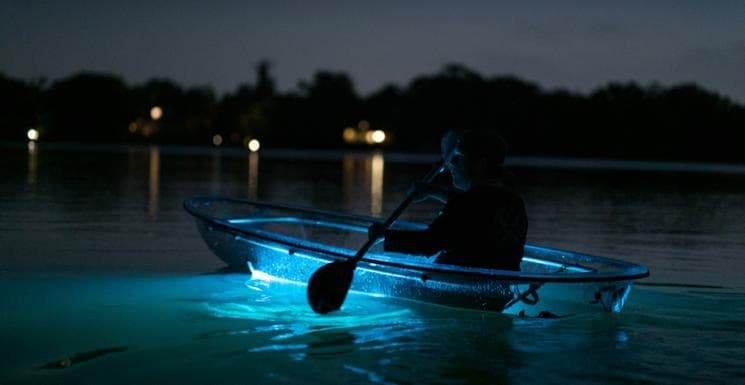 Night kayaking in clear Caribbean lagoon with illuminated transparent kayak