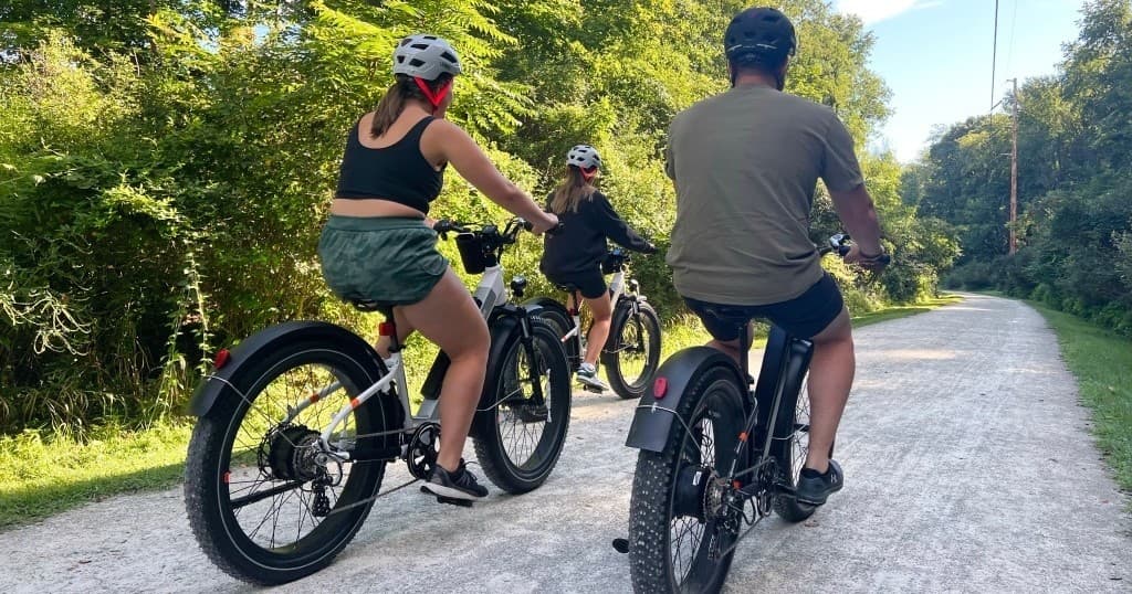 Group e-bikers on wooded trail riding fat-tire bikes outdoors