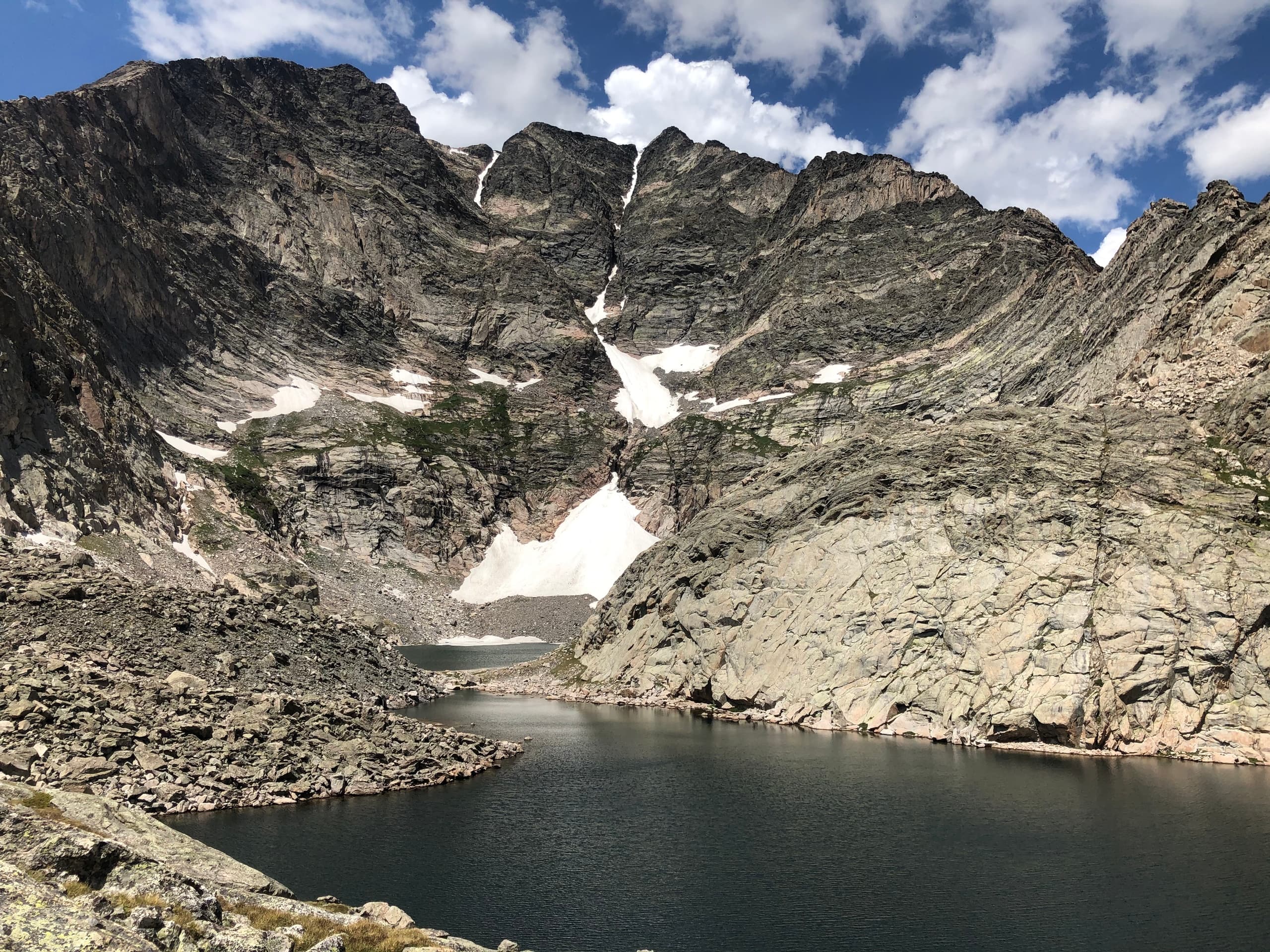 Alpine cirque lake surrounded by granite peaks, mountaineering vista