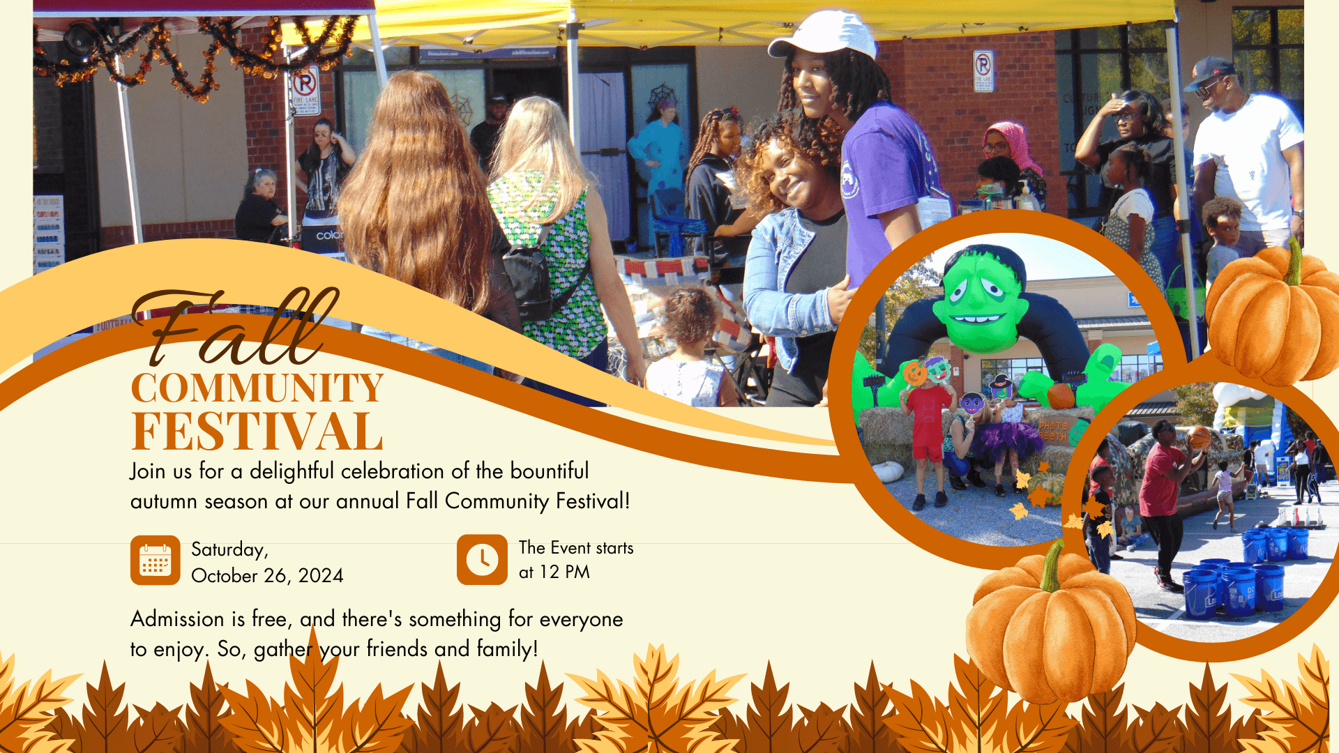 Community fall festival outdoors with pumpkins and vendors