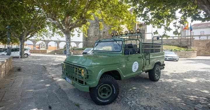 Green jeep parked beneath shade trees at rural adventure stop