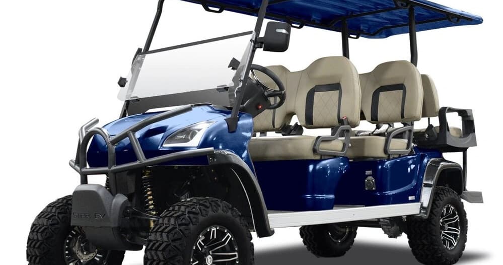 Blue multi-passenger golf cart rental on white background, beach use