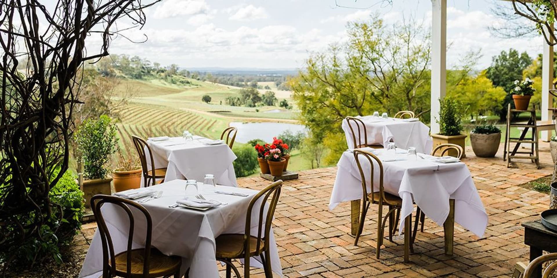 Outdoor vineyard restaurant terrace overlooking rolling vines